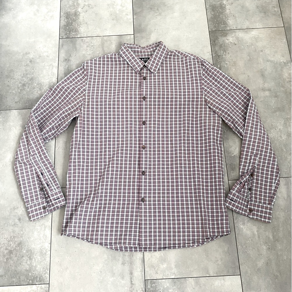 A.P.C. Paris red white blue plaid button down shirt size L